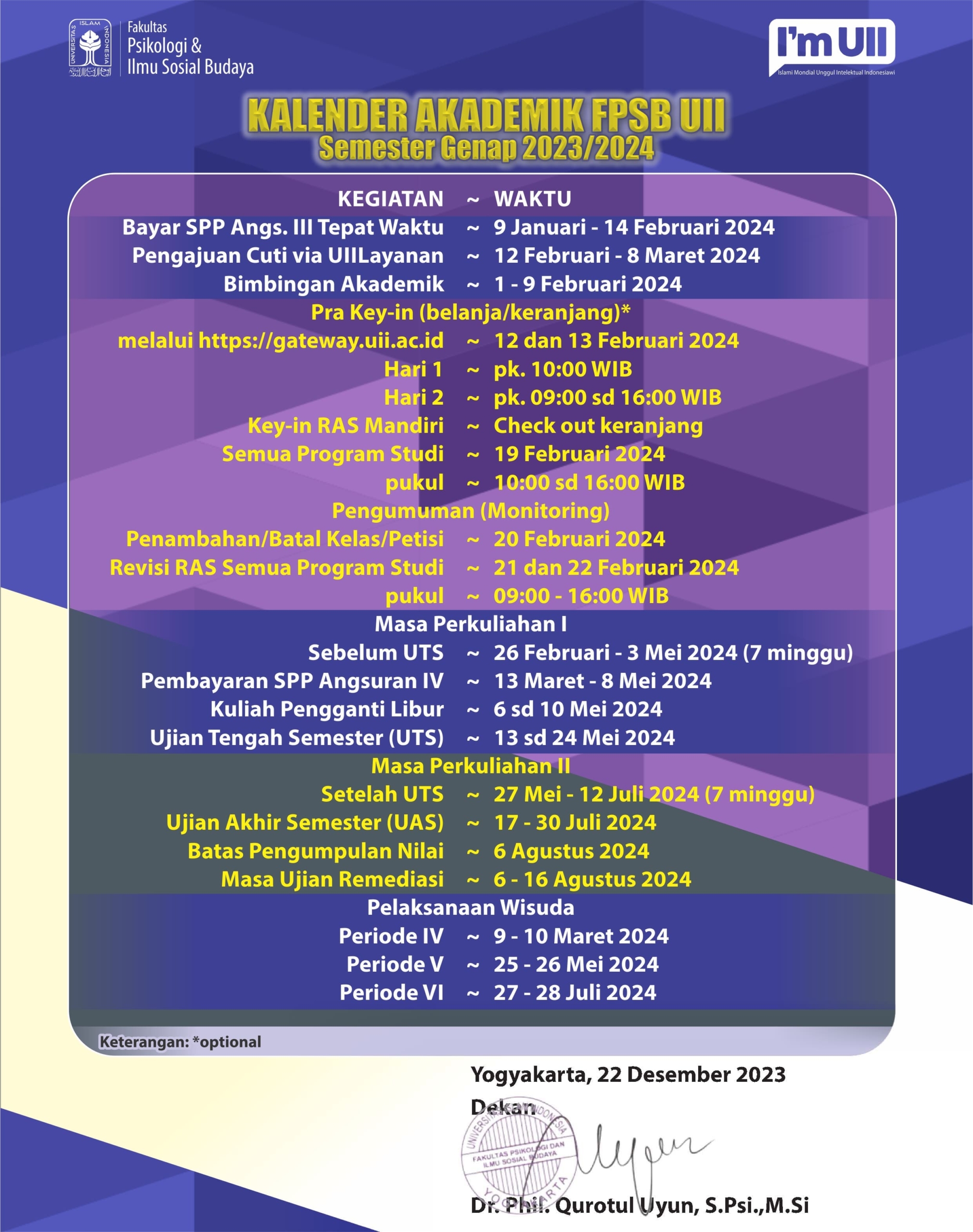 Kalender Akademik FPSB Genap 2023-2024