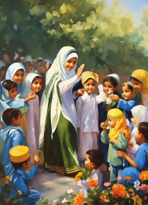 A painting depicting a great muslim woman teacher and children saluting on teacher's day these children have a book in their hands and teacher hand flowers