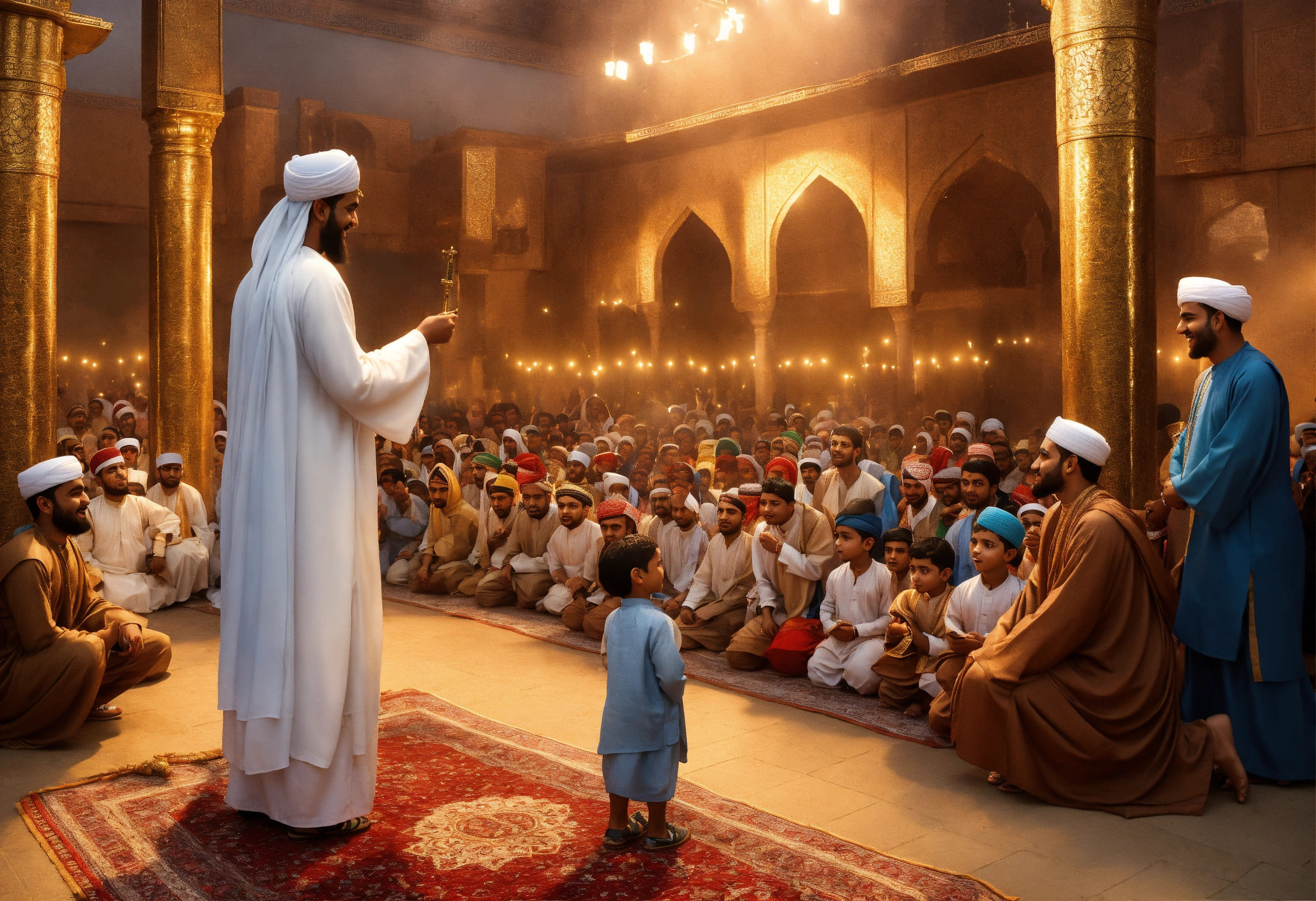 story of "ایک بچے کے ایمان کی ازمائش" (a test of a child's faith) as described in the provided text. capture the key moments and emotions of the story, including confrontation visualize the anger of the community leaders as they bring ibrahim in front of the crowd. ibrahim's faith highlight ibrahim's unwavering faith as he stands firm in his belief in allah. ibrahim removing the idols illustrate ibrahim courageously removing the idols and breaking them. triumph and success show ibrahim with a sense of accomplishment after he has removed the idols, with a smile on his face.