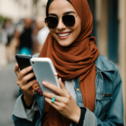 Girl, hijab, holds cellphone, wear sunglasses, big smile