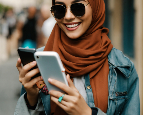 Girl, hijab, holds cellphone, wear sunglasses, big smile