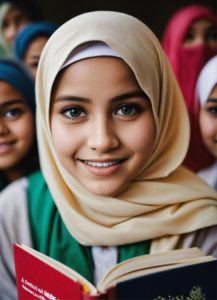A peaceful school children with hijab looking into front of camera, she smile and looking a book
