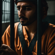A middle eastern man in a prison crying behind bars